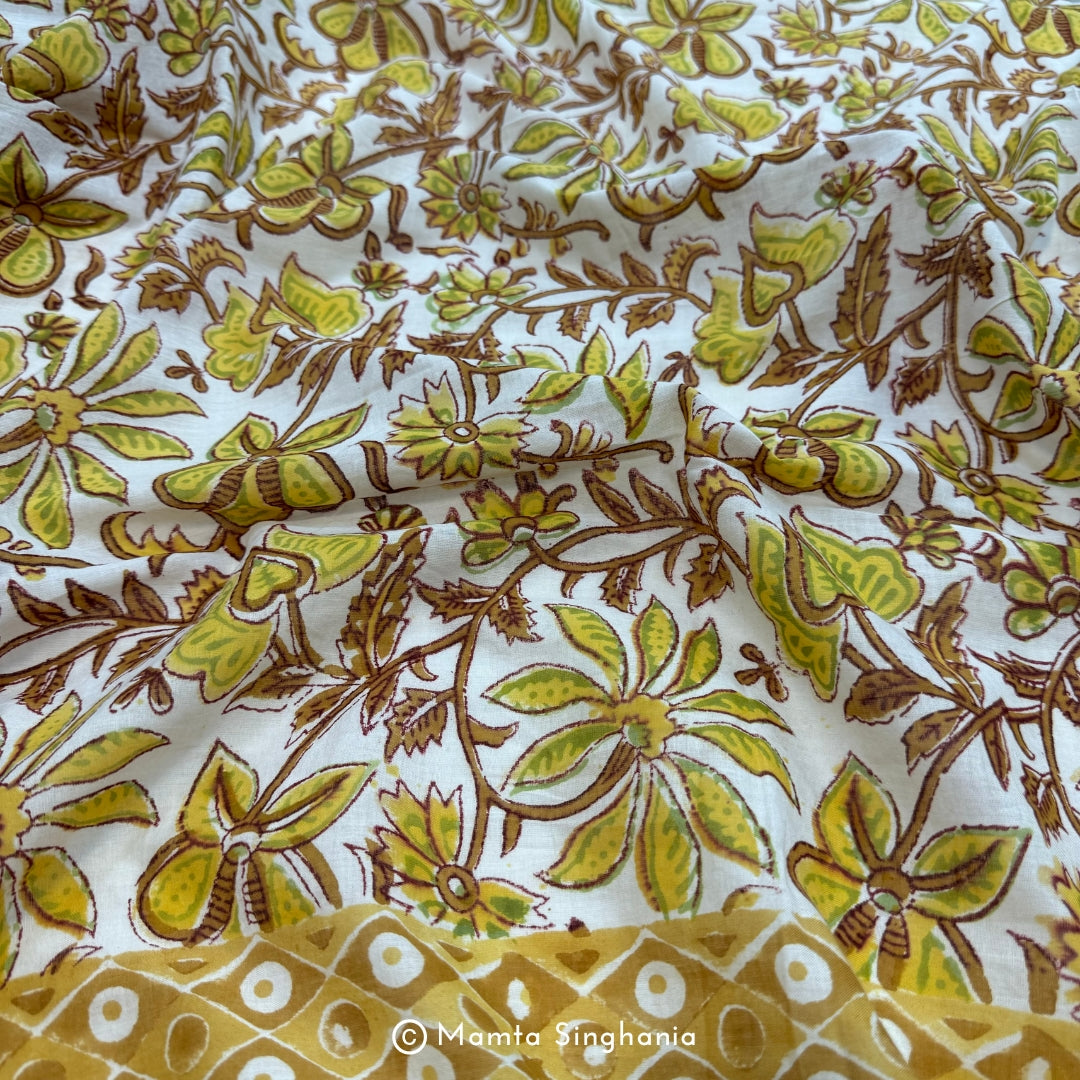 Hand-block Floral Printed Cotton Stole in Yellow Colour