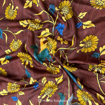 Brown Floral and Fauna Printed Modal Satin Fabric