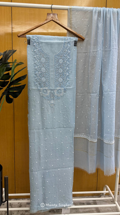 Powder Blue Mul Chanderi Unstitched Chikankari Suit Set