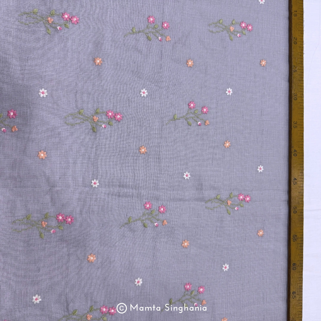 Light Grey Floral Embroidered Linen Fabric