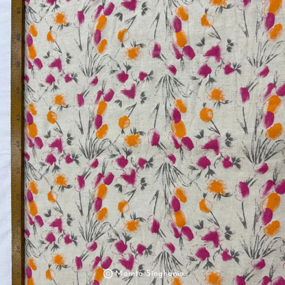 Orange Pink Floral Handloom Cotton Fabric