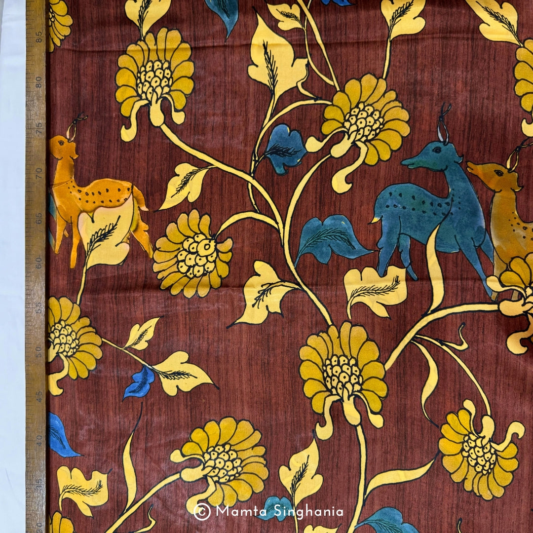 Brown Floral and Fauna Printed Modal Satin Fabric