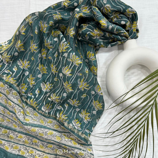 Hand-Block Blue Cream Floral Printed Chanderi Dupatta