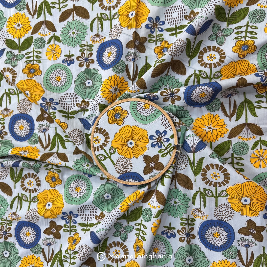 Sky Blue Floral Printed Cotton Fabric