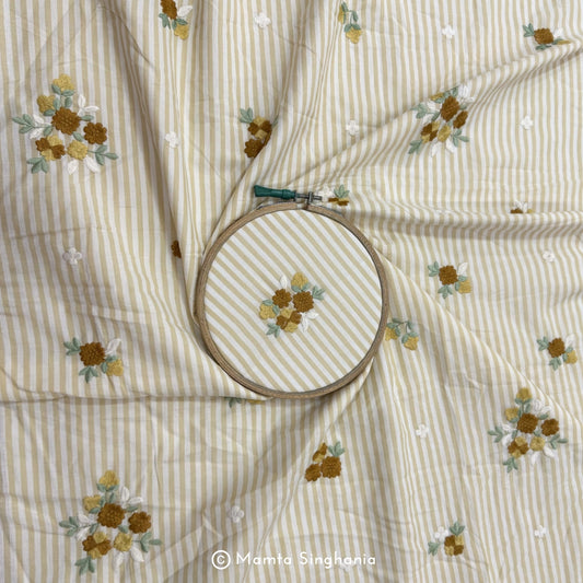 Light Pastel Yellow Floral Embroidered Mul Cotton Fabric