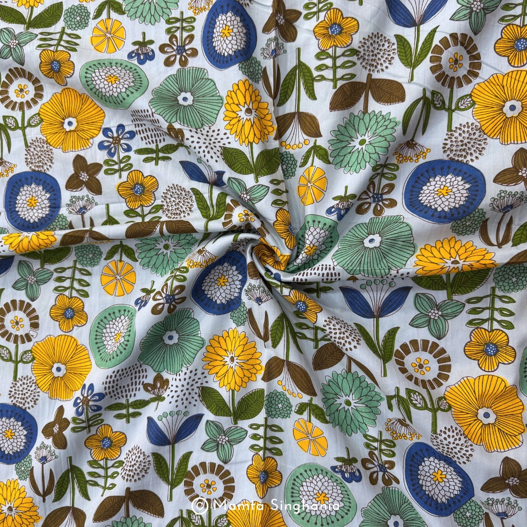 Sky Blue Floral Printed Cotton Fabric