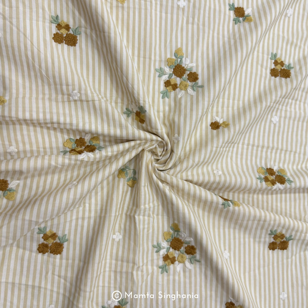 Light Pastel Yellow Floral Embroidered Mul Cotton Fabric