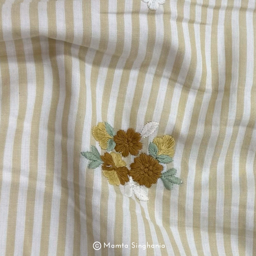 Light Pastel Yellow Floral Embroidered Mul Cotton Fabric