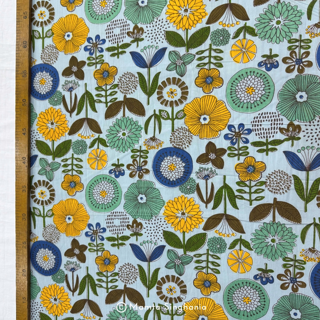 Sky Blue Floral Printed Cotton Fabric