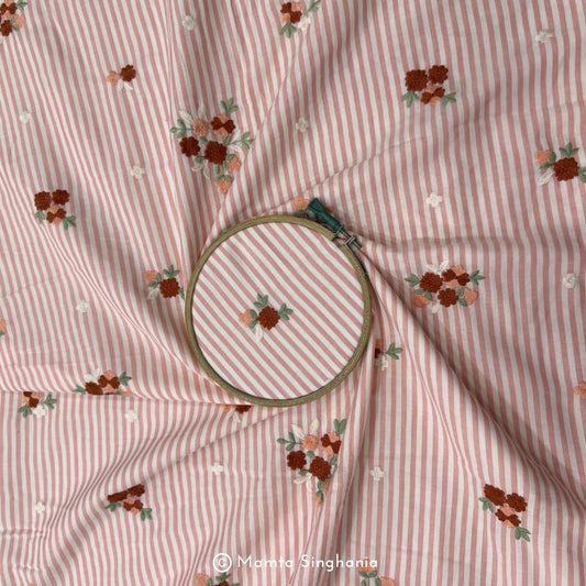 Light Pastel Peach Floral Embroidered Mul Cotton Fabric
