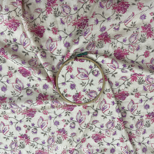 Magenta Floral Handloom Cotton Fabric with Foil Print