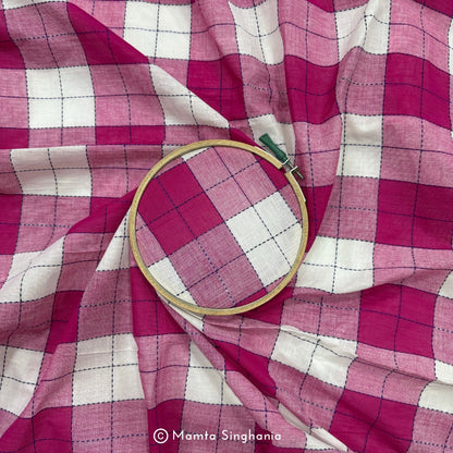 Pink and White Checks Handloom Khadi Cotton Fabric