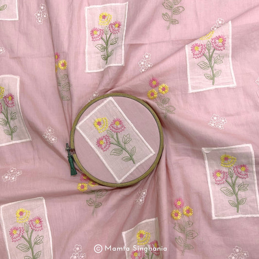 Light Pastel Pink Floral Embroidered Mul Chanderi Fabric