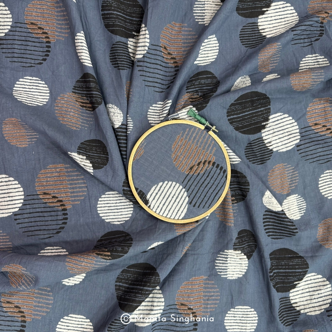 Blue Polka Printed Linen Fabric