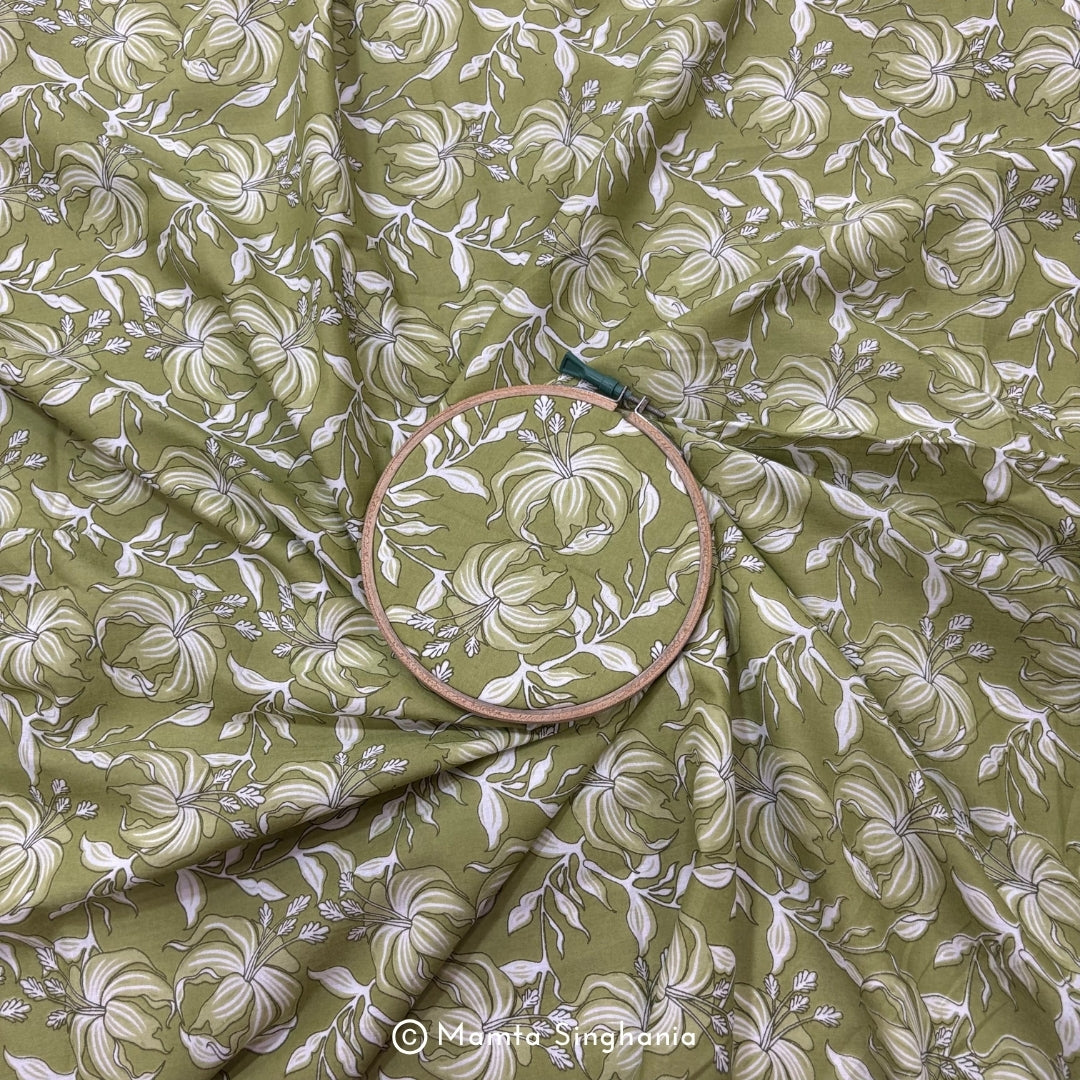 Light Pastel Green Floral Printed Cotton Fabric