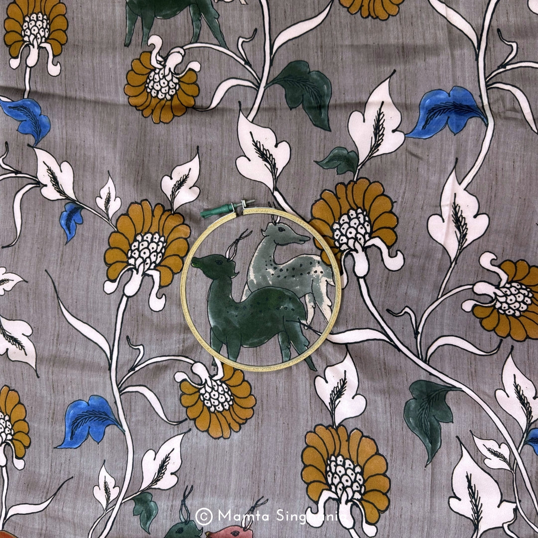 Grey Floral and Fauna Printed Modal Satin Fabric