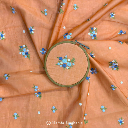 Orange Floral Embroidered Chanderi Fabric