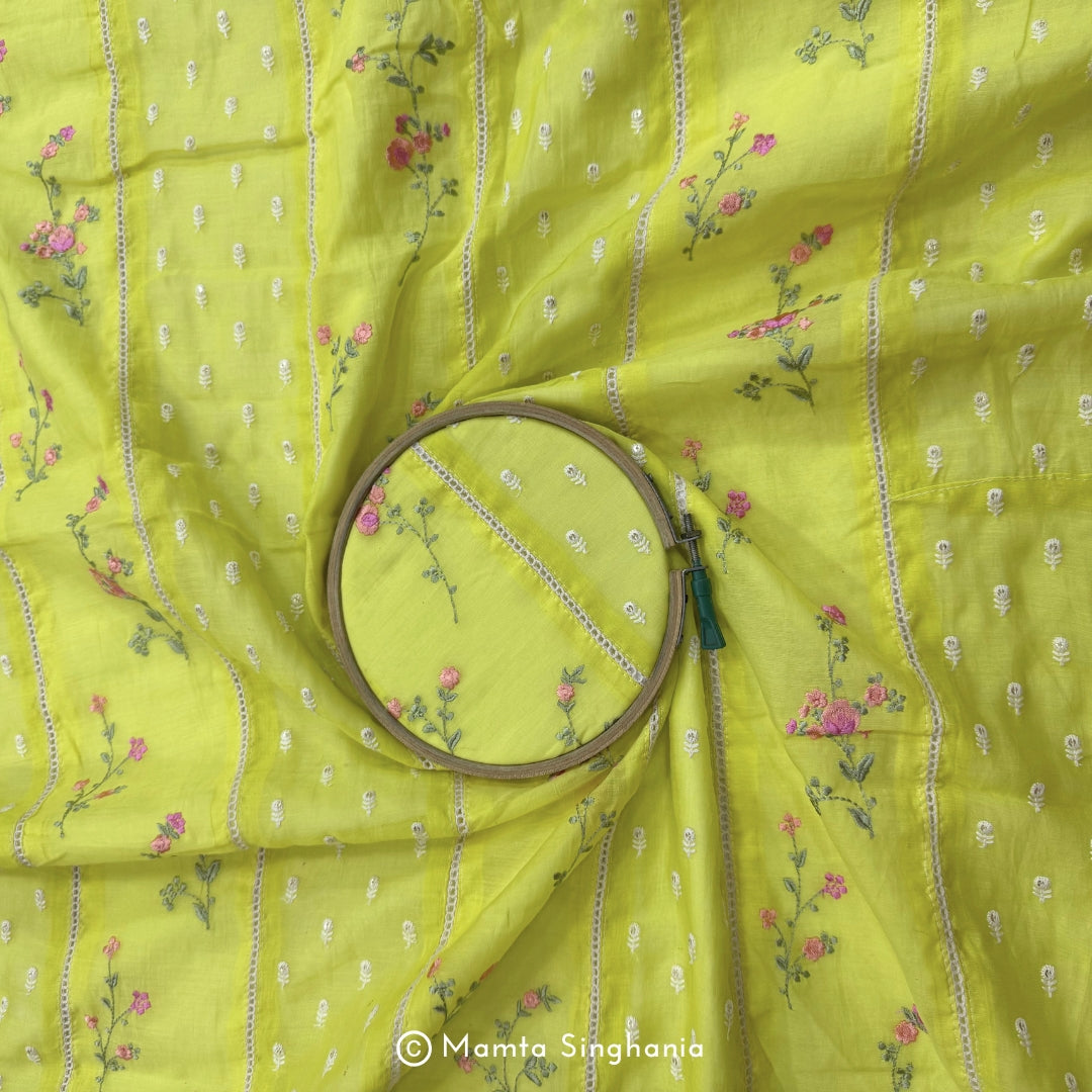 Yellow Floral Embroidered Mul Chanderi Fabric