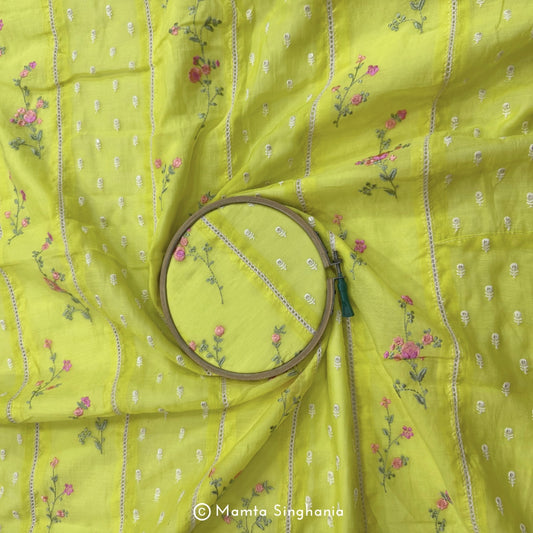 Yellow Floral Embroidered Mul Chanderi Fabric