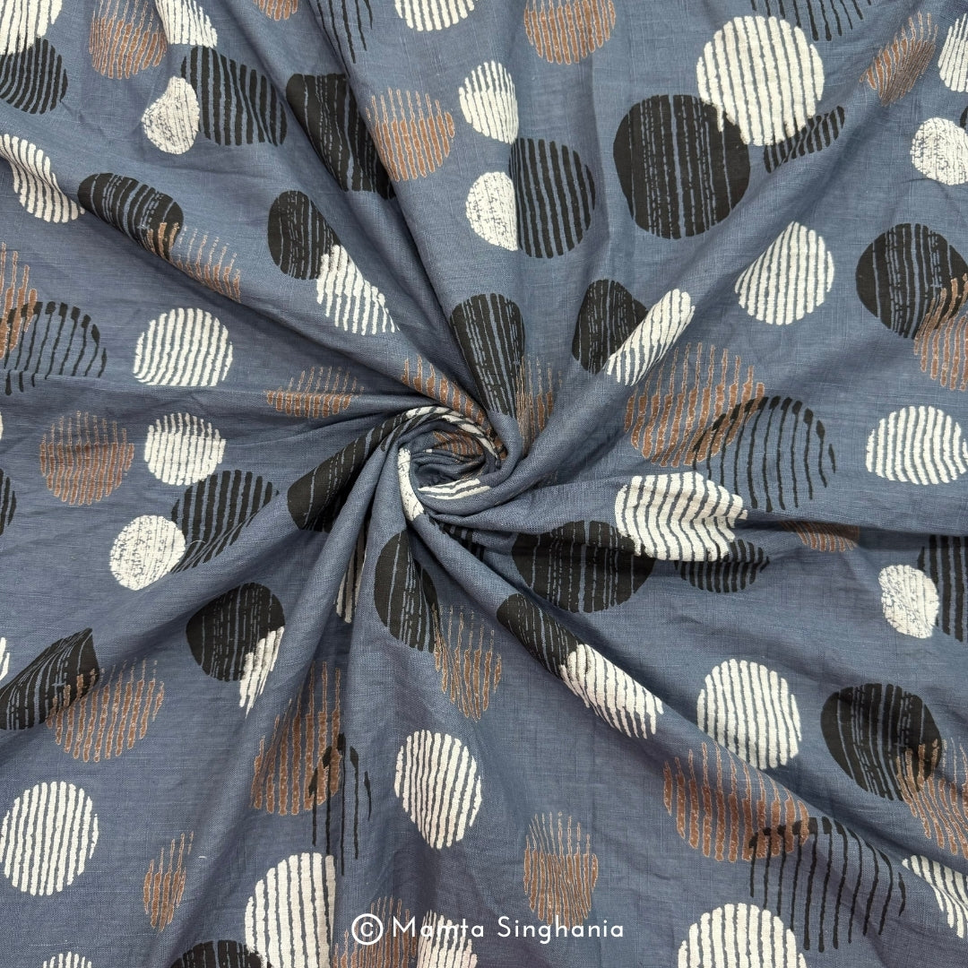 Blue Polka Printed Linen Fabric