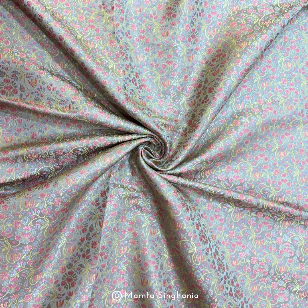 Silver Banarasi Brocade Katan Silk Fabric
