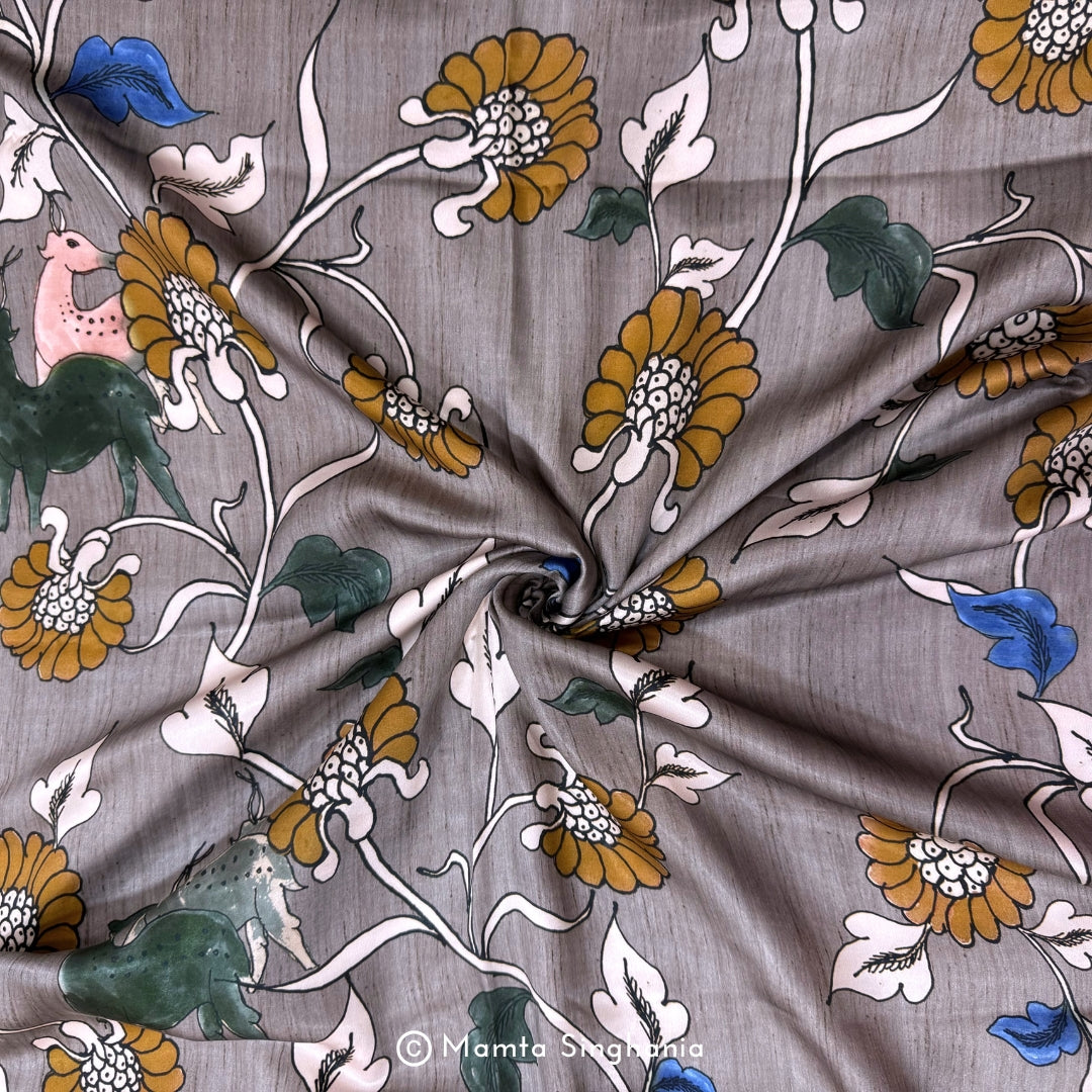 Grey Floral and Fauna Printed Modal Satin Fabric