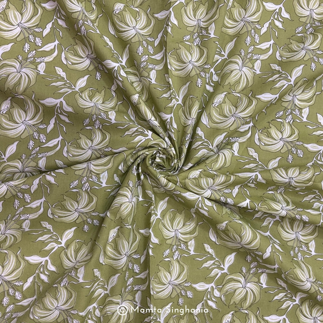 Light Pastel Green Floral Printed Cotton Fabric