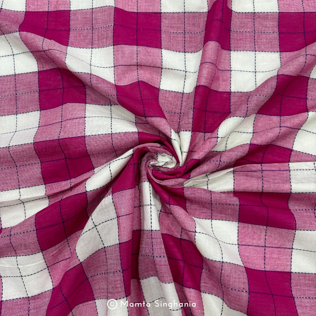 Pink and White Checks Handloom Khadi Cotton Fabric
