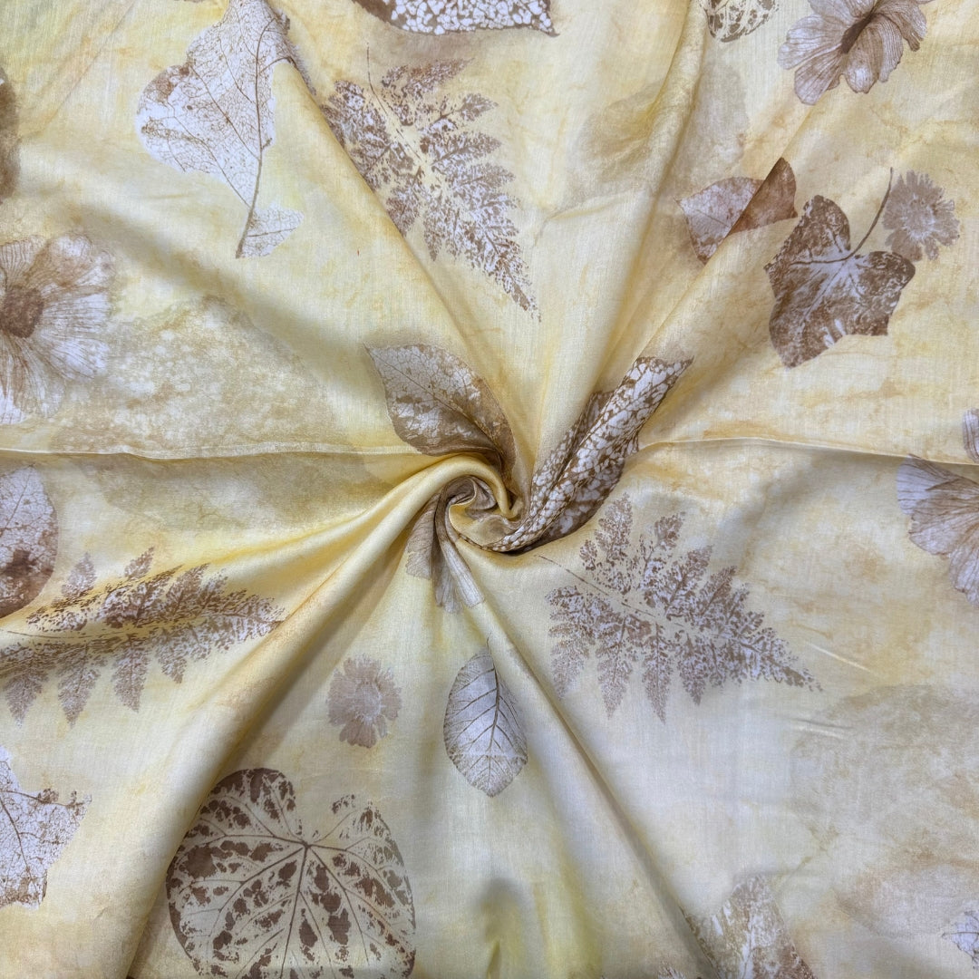Yellow Floral Digital Printed Mul Chanderi Fabric