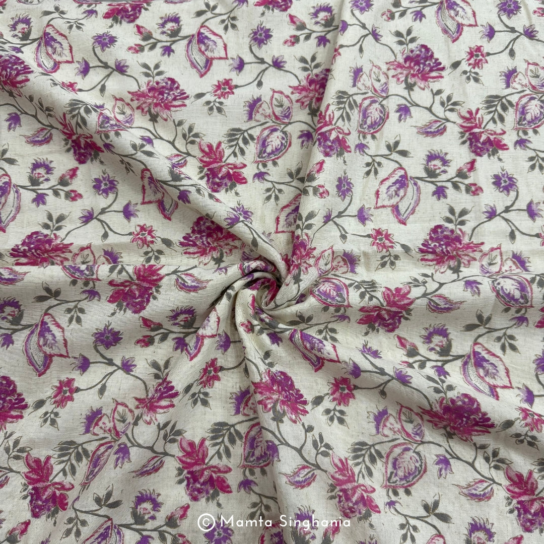 Magenta Floral Handloom Cotton Fabric with Foil Print