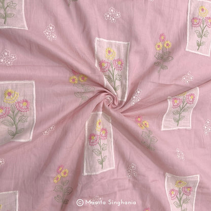 Light Pastel Pink Floral Embroidered Mul Chanderi Fabric
