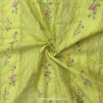 Yellow Floral Embroidered Mul Chanderi Fabric