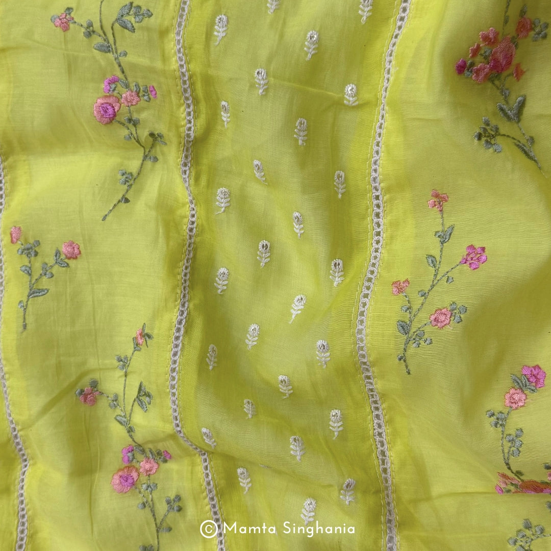 Yellow Floral Embroidered Mul Chanderi Fabric