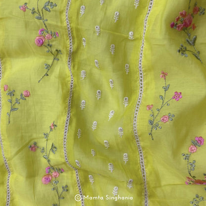 Yellow Floral Embroidered Mul Chanderi Fabric