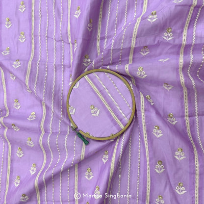 Purple Floral Embroidered Mul Chanderi Fabric