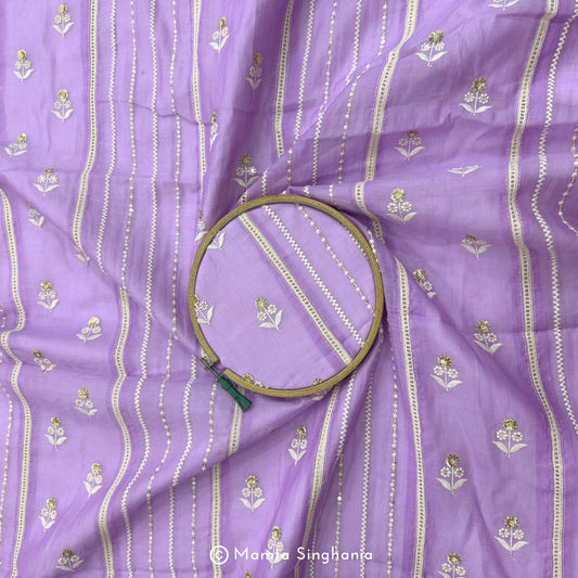 Purple Floral Embroidered Mul Chanderi Fabric