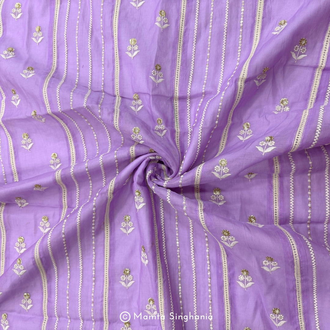 Purple Floral Embroidered Mul Chanderi Fabric