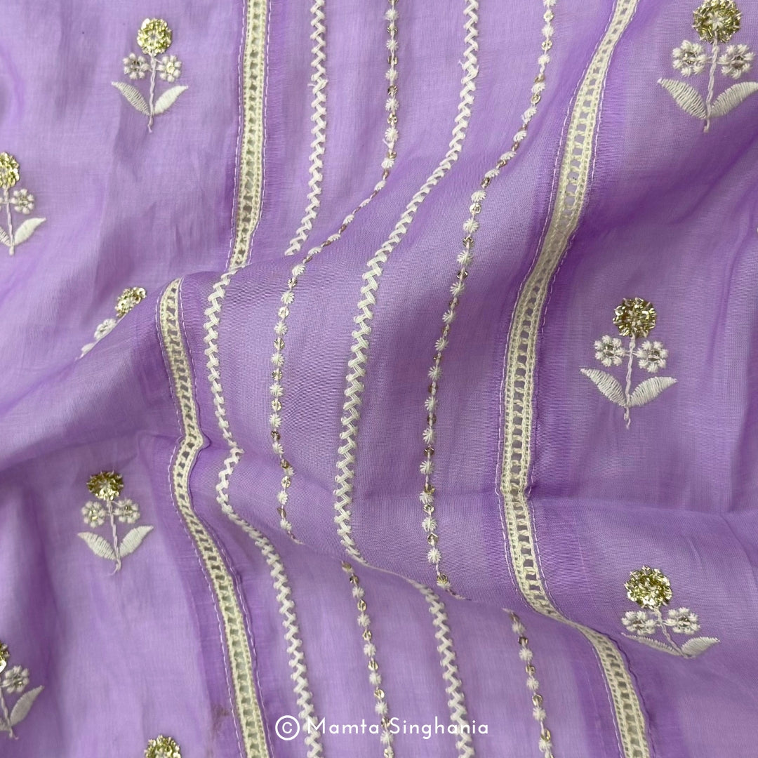 Purple Floral Embroidered Mul Chanderi Fabric