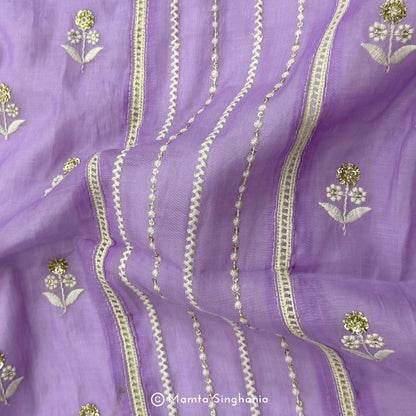 Purple Floral Embroidered Mul Chanderi Fabric