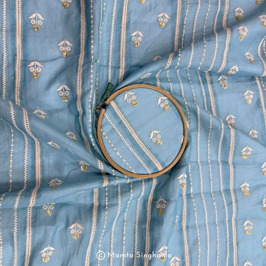 Blue Floral Embroidered Mul Chanderi Fabric