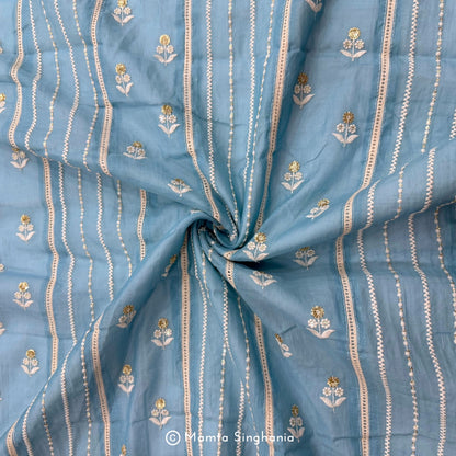Blue Floral Embroidered Mul Chanderi Fabric