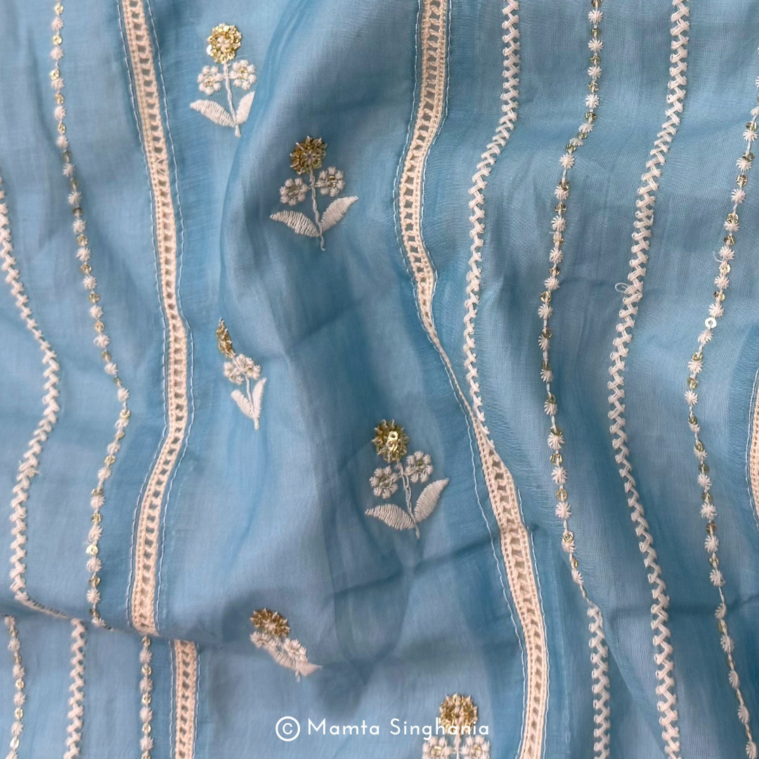 Blue Floral Embroidered Mul Chanderi Fabric