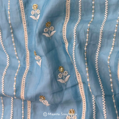 Blue Floral Embroidered Mul Chanderi Fabric