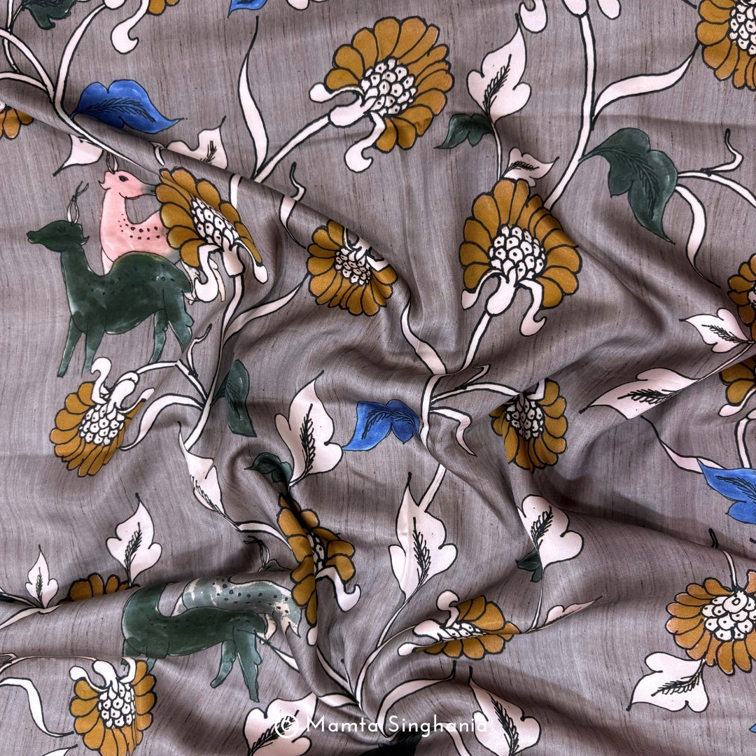 Grey Floral and Fauna Printed Modal Satin Fabric