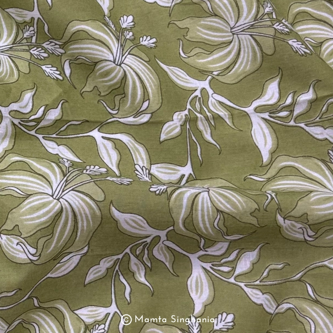 Light Pastel Green Floral Printed Cotton Fabric