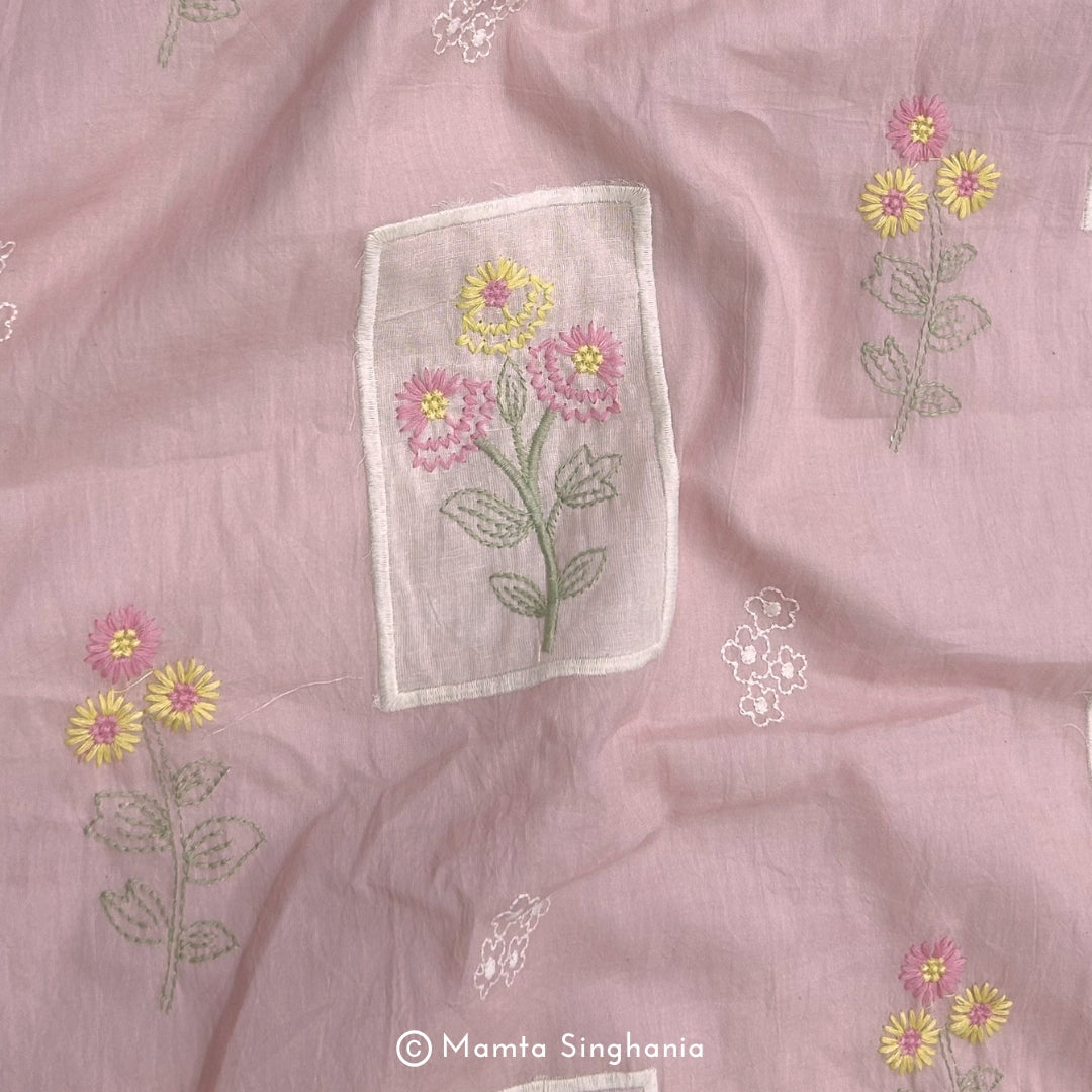 Light Pastel Pink Floral Embroidered Mul Chanderi Fabric