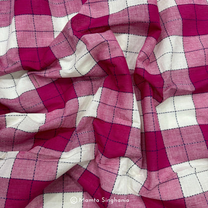Pink and White Checks Handloom Khadi Cotton Fabric