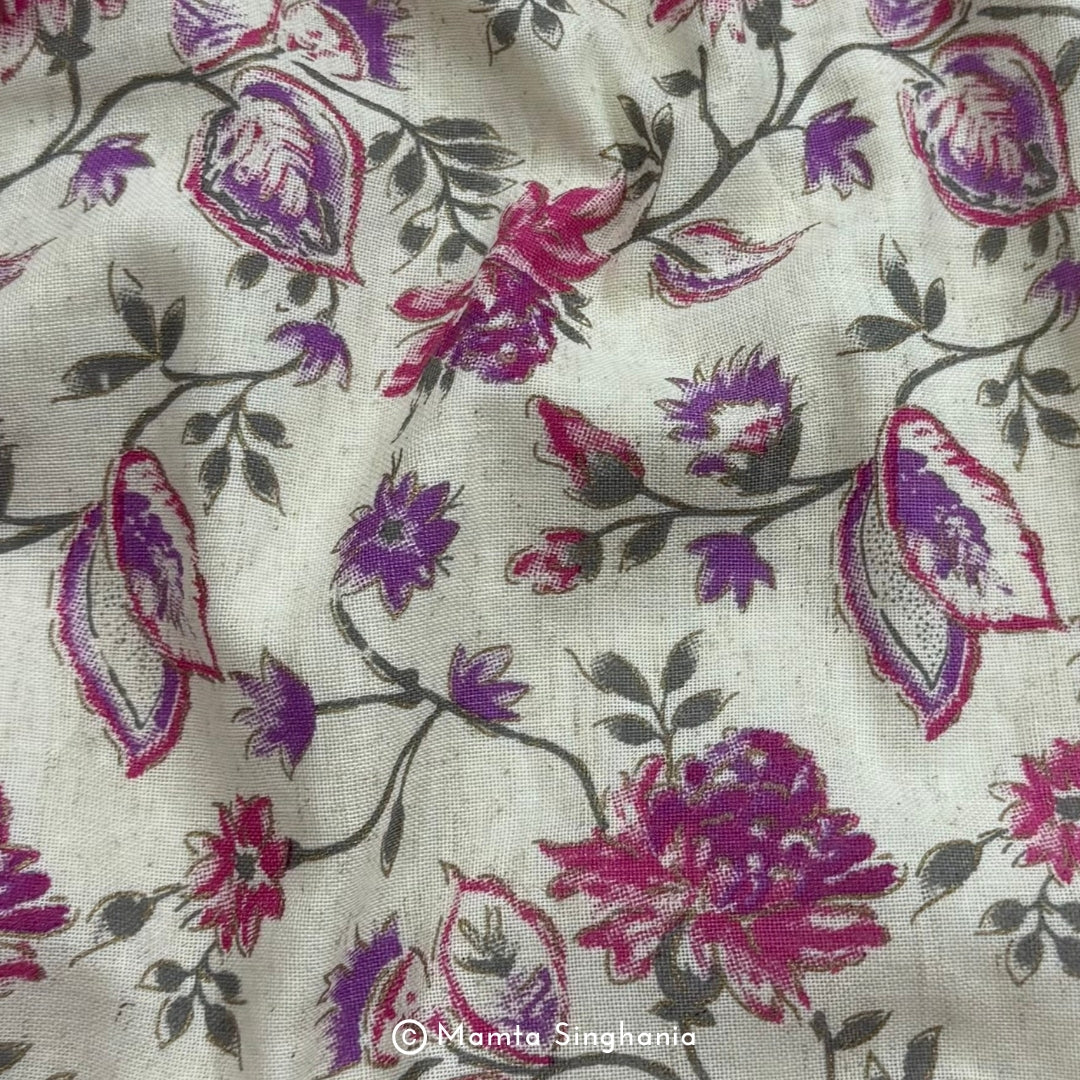 Magenta Floral Handloom Cotton Fabric with Foil Print