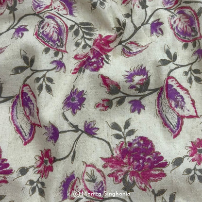 Magenta Floral Handloom Cotton Fabric with Foil Print