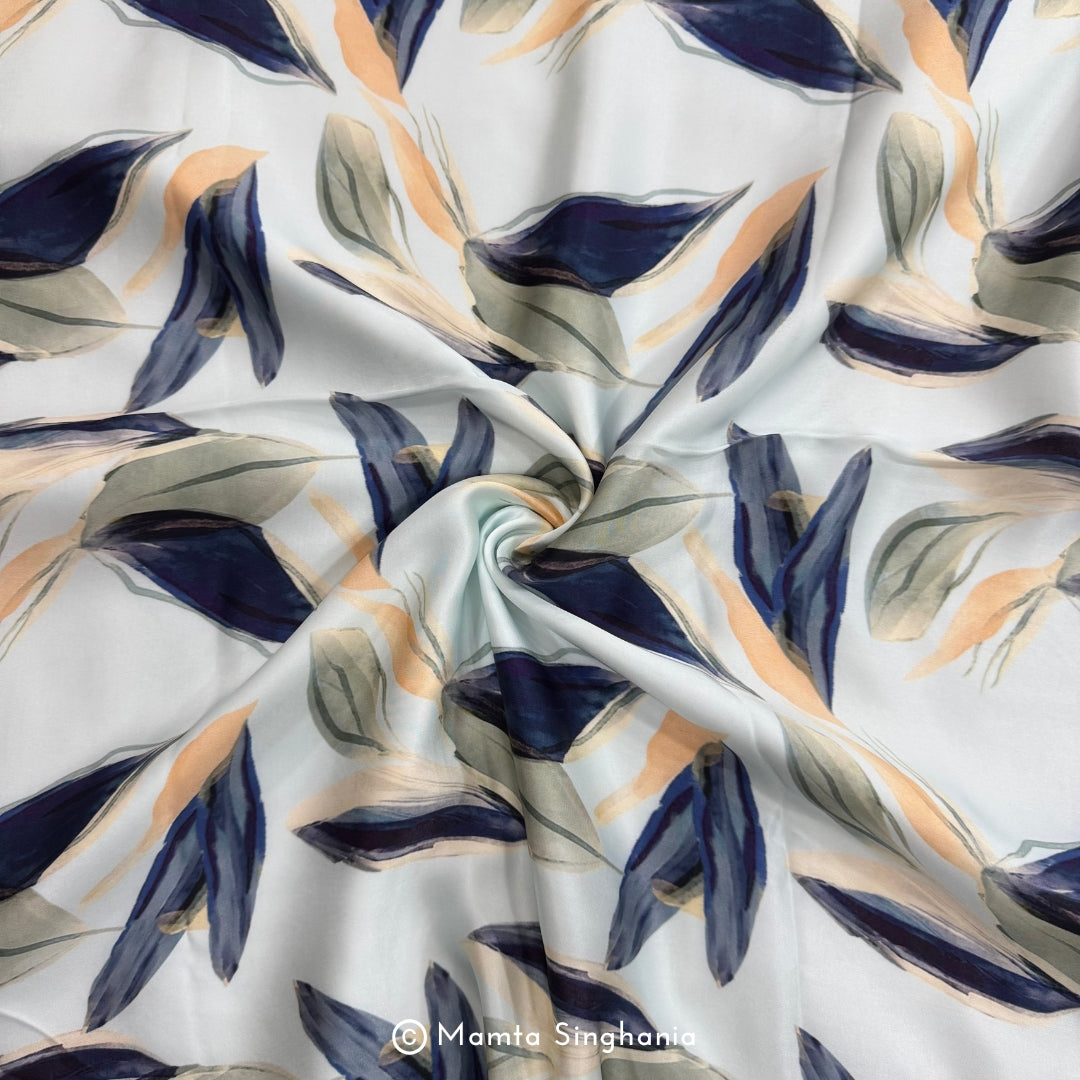 Blue Leaf Printed Modal Satin